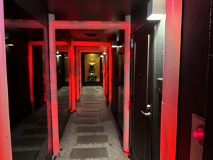 エントランスの廊下には幾重にも連なる不気味なLED電気内蔵の鳥居...。その鳥居の奥には甲冑の姿が...　こちらはご入居してからのお楽しみ(^^♪