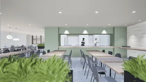 食事は、1階のダイニングルームで提供。カフェを思わせる内装で明るい空間となる予定です。