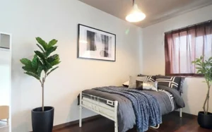 オシャレな寝室♪大き目の窓がございますので自然光で目覚めることができます！また、収納スペースが豊富なので収納に困ることなく、お過ごしいただけます♪※植木と額とクッションなどの装飾は写真用です。