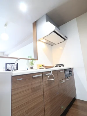 お洒落なシステムキッチン！自炊される方は嬉しい2口ガスコンロです(^^♪フライパンなどの調理器具やお皿、食器用洗剤もご用意させていただいてるので入居してすぐ自炊可能！お近くにスーパーがございますので食材を購入して入居いただくのもよさそうです！