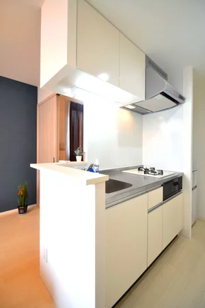 白を基調としたお洒落なシステムキッチン！自炊される方は嬉しい2口ガスコンロです(^^♪フライパンなどの調理器具やお皿、食器用洗剤もご用意させていただいてるので入居してすぐ自炊可能！お近くにスーパーがございますので食材を購入して入居いただくのもよさそうです！