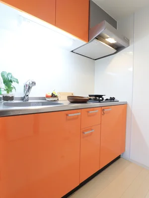 オレンジを基調としたお洒落なキッチン!自炊される方は嬉しい2口ガスコンロです(^^♪フライパンなどの調理器具やお皿、食器用洗剤もご用意させていただいてるので入居してすぐ自炊可能!お近くにスーパーがございますので食材を購入して入居いただくのもよさそうです!