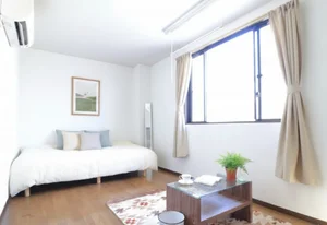 大き目なテレビがあり、ゆっくり寛げる空間となっております。家具家電だけでなく、ティッシュやリセッシュ等もご用意させてもらっているので非常にご満足度高くご利用いただいております!※植木と額とクッションなどの装飾は写真用です。