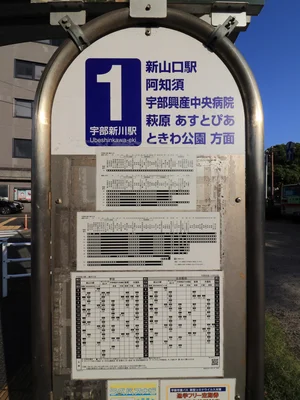 宇部新川駅　バス1番乗り場　新山口駅、阿知須、宇部興産中央病院、常盤公園、萩原、あすとぴあ方面行
