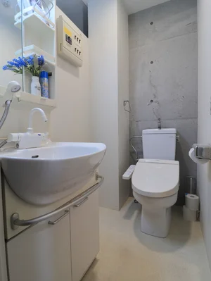 シャワートイレ機能付きのトイレで、独立洗面台もあります　洗剤やトイレブラシ付きで　長期の滞在でも清潔に！