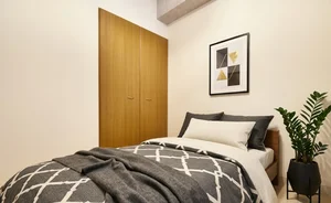 心地よい眠りを誘う落ち着いたトーンのインテリア。岡山の喧騒を感じさせない静かな室内環境で、翌日のパフォーマンスを最大限に引き出す深い眠りを提供します。※植木と額とクッションなどは写真用です。