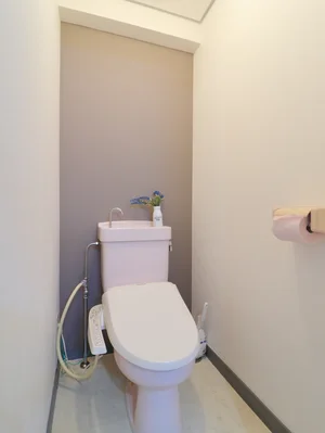 シャワートイレ機能付きトイレが嬉しい設備! トイレットペーパーだけでなくトイレブラシや洗剤などもすべて標準品です。
