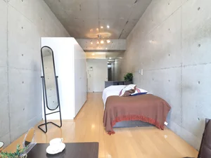 奥行きのある広いワンルームタイプのマンション！　打ちっぱなしコンクリートがインテリアのアクセントになっていておしゃれな室内です。