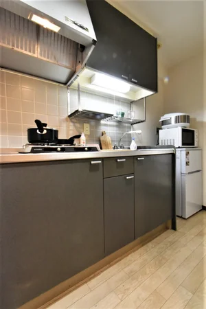 システムキッチン 2口ガスコンロ付で調理道具や食器類などもございます!