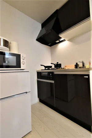 システムキッチン　2口ガスコンロ付きでお料理もしっかりできます！調理器具や食器類などもご用意！