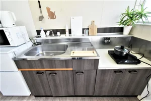 キッチン(卓上1口IHコンロ付) おしゃれな色合いで料理も楽しく♪ 調理器具や食器類などございます!