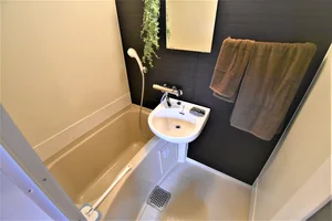 【富山市ウィークリーマンションバス画像】富山市マンスリーマンションでは、バスルームにも多数の備品を設置。シャンプー、トリートメント、ドライヤーは標準設備♪