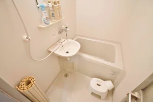 【滋賀県長浜市ウィークリーマンションバス画像】滋賀県長浜市マンスリーマンションでは、バスルームにも多数の備品を設置。シャンプー、トリートメント、ドライヤーは標準設備♪