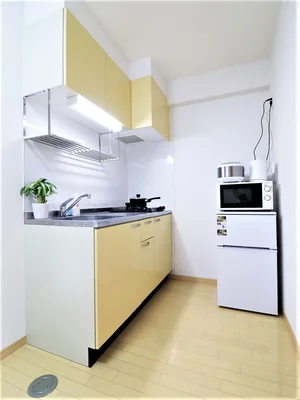 システムキッチンで手作り料理で楽しく栄養バランスを考えよう! 冷蔵庫・電子レンジ・電気ケトルあり♪ ホテルにはない設備!