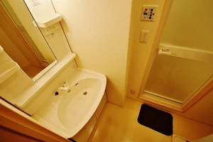 独立洗面台付きで、歯ブラシ、ドライヤーまで完備♫大きな鏡もあり、女性から根強い人気のある物件となっております。エレベータには防犯カメラがあり、オートロックも完備。築浅物件なので、水回りも綺麗なのも、人気の理由ですね(*’ω’*)