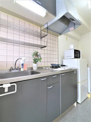 収納がたくさんあってお洒落なシステムキッチン(^^♪炒め物などに向いているガスコンロ付きです！フライパン等調理器具だけでなく、お皿などもご用意しておりますので入居して即調理可能です！！