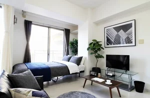 白色を基調とした清潔感のある部屋に、暗めの家具を配置することで、カジュアルな雰囲気が印象的な一部屋です。特に若い年齢層の方に人気の部屋で、男女問わずお使いいただけます。広々とした空間のなかで、ソファーに腰掛けながらゆったりと過ごされるのはいかがでしょうか。(*’ω’*)※植木と額とクッションなどの装飾は写真用です。