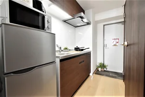 システムキッチン2口コンロ付！　冷蔵庫や電子レンジ・電機ケトル等あり！