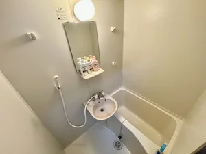 【富山駅前(北口前)ウィークリーマンションバス画像】富山駅前(北口前)マンスリーマンションでは、バスルームにも多数の備品を設置。シャンプー、トリートメント、ドライヤーは標準設備♪
