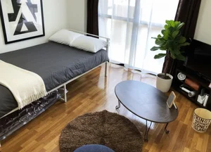 1Kのコンパクトなお部屋ながら　家具家電だけでなく備品もそろっております。　テレビを見ながらお部屋でゆったりと寛いでいただけます。　※植木と額は写真用です。