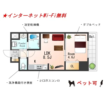 Sステイ江坂東Halu阪急吹田【禁煙ルーム・Wi-Fi無料・１LDK・ダブルベッド】