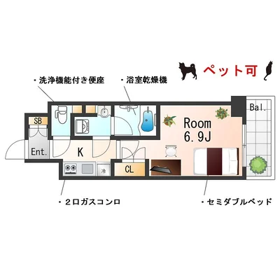 SステイEXE北大阪・十三【禁煙ルーム・１K・セミダブルベッド】