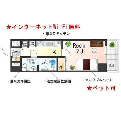 Sステイ阿波座LAV【禁煙ルーム・１K・Wi-Fi無料・セミダブルベッド・オール電化】