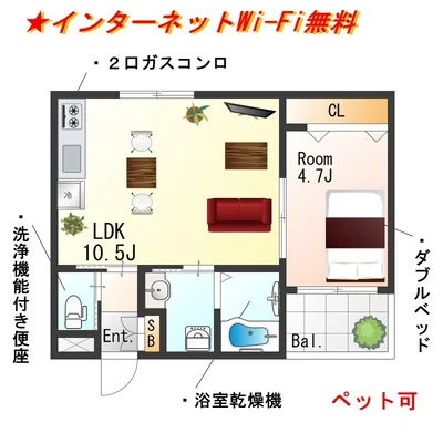 SステイGA泉佐野大西【禁煙ルーム・Wi-Fi無料・ダブルベッド】