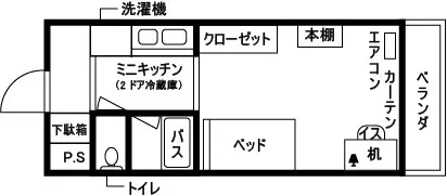 バス・トイレ別（シャワートイレ）、キッチン、洗面化粧台、冷蔵庫、洗濯機も備え付けです。