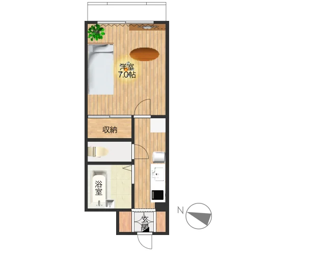 お風呂とトイレが分かれている、セパレートタイプの１Kのお部屋となります。様々な備品を標準装備でご案内しておりますので、ご利用いただいたお客様からも、あったら助かるものが多いと、ご好評を博しております。また、オートロック付きで、駐車場有、共用部に自動販売機もあるので、何かと便利です。