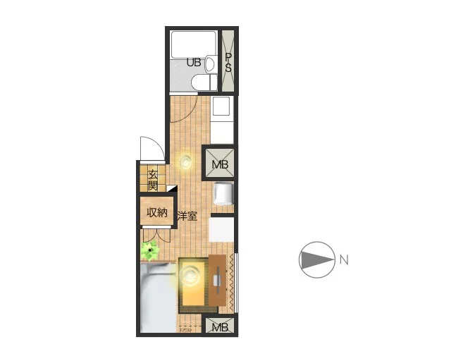 1Ｒのシンプルな間取りですが、家具家電完備でさらに備品も充実しておりますのでご満足いただけるお部屋となっております。