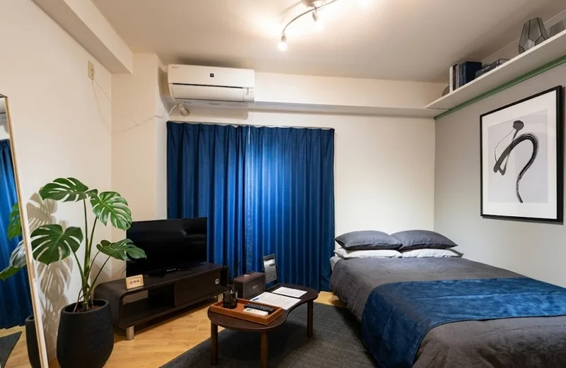 おしゃれな洋室（デザインクロス付）家具家電付きで入居されたその日から自宅のようにくつろいでいただける空間となっております。※植木と額とクッションなどは写真用です。