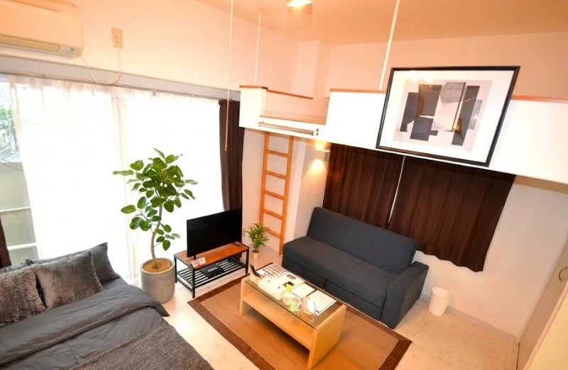 大き目なテレビやソファーがあり、ゆっくり寛げる空間となっております。TVドアフォンもあるのでセキュリティ面についても非常に安心していただけます。※植木と額とクッションなどの装飾は写真用です。