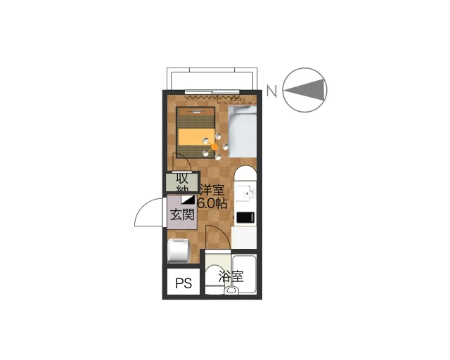1Rのシンプルな間取りですが、家具家電完備でさらに備品も充実しておりますのでご満足いただけるお部屋となっております。