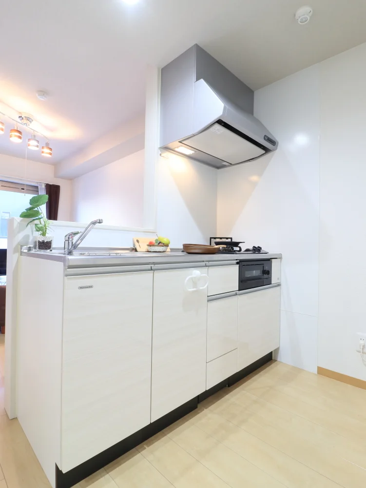 ホワイトを基調としたお洒落なシステムキッチン！自炊される方は嬉しい2口ガスコンロです(^^♪フライパンなどの調理器具やお皿、食器用洗剤もご用意させていただいてるので入居してすぐ自炊可能！お近くにスーパーがございますので食材を購入して入居いただくのもよさそうです！