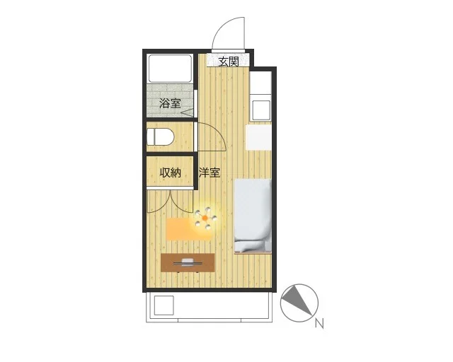1Kのシンプルな間取りですが、家具家電完備でさらに備品も充実しておりますのでご満足いただけるお部屋となっております。