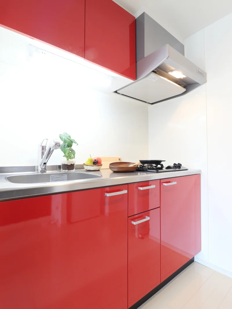 赤を基調としたお洒落なシステムキッチン！自炊される方は嬉しい2口ガスコンロです(^^♪フライパンなどの調理器具やお皿、食器用洗剤もご用意させていただいてるので入居してすぐ自炊可能！お近くにスーパーがございますので食材を購入して入居いただくのもよさそうです！