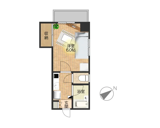 シンプルな間取りの1K♪家具家電に加え、生活するうえで便利な備品も沢山ご用意しており、ご満足いただけるお部屋となっております！