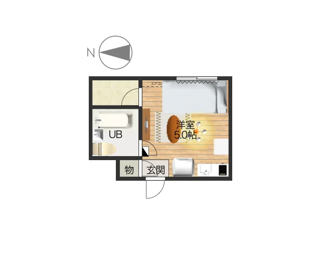 ユニットタイプの１Rのお部屋となります。様々な備品を標準装備でご案内しておりますので、ご利用いただいたお客様からも、あったら助かるものが多いと、ご好評を博しております。また、隣をはじめとして、近隣にコインパーキングが多数あるので、何かと便利です。(*’ω’*)