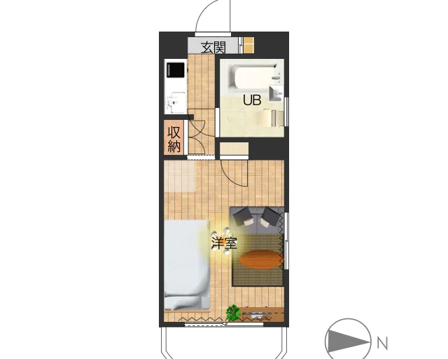 1Rのシンプルな間取りですが、家具家電完備でさらに備品も充実しておりますのでご満足いただけるお部屋となっております。