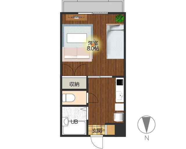 1Kのシンプルな間取りですが、家具家電完備でさらに備品も充実しておりますのでご満足いただけるお部屋となっております。