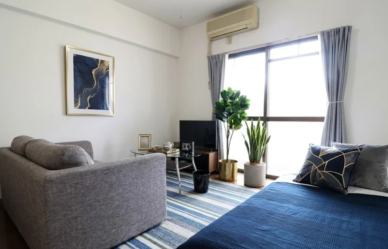 大き目なテレビがあり、ゆっくり寛げる空間となっております。家具家電だけでなく、ティッシュやリセッシュ等もご用意させてもらっているので非常にご満足度高くご利用いただいております！※植木と額とクッションなどは写真用です。