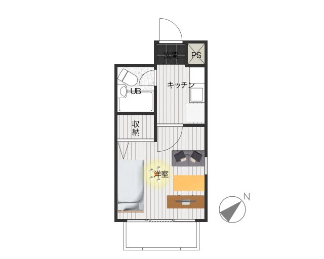 1Kのシンプルな間取りですが、家具家電完備でさらに備品も充実しておりますのでご満足いただけるお部屋となっております。