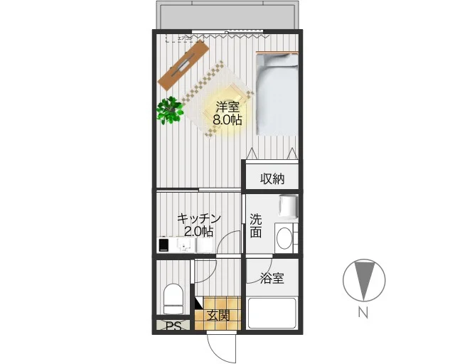 1Kのシンプルな間取りですが、30.17㎡ございますので広め♪家具家電完備でさらに備品も充実しておりますのでご満足いただけるお部屋となっております。