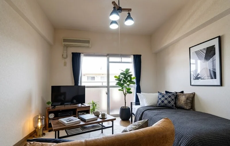 暖かい雰囲気が魅力的な1K！家具家電付きで入居されたその日から自宅のようにくつろいでいただける空間となっております。クローゼットもございますので、ぜひご利用ください(^^♪※植木と額とクッションなどは写真用です。