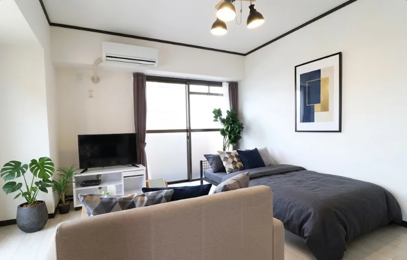 大き目なテレビとソファーがあり、ゆっくり寛げる空間となっております。家具家電だけでなく、ティッシュやリセッシュ等もご用意させてもらっているので非常にご満足度高くご利用いただいております！※植木と額とクッションなどは写真用です。
