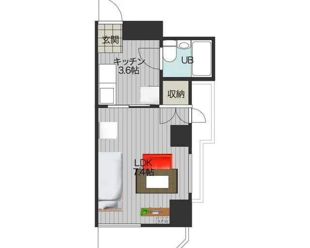 1Kのシンプルな間取りですが、広めの空間となっております♪家具家電完備でさらに備品も充実しておりますのでご満足いただけるお部屋です。