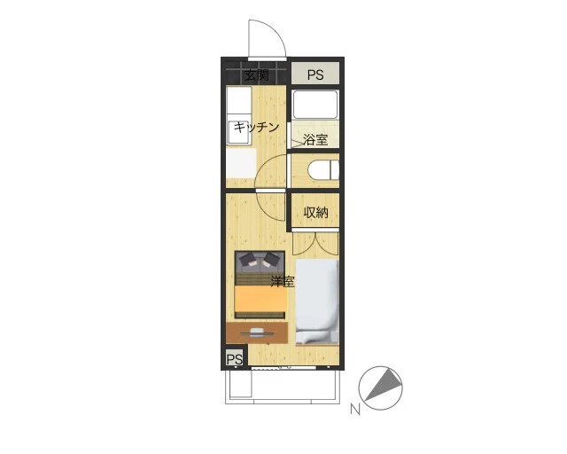 1Kのシンプルな間取りですが、家具家電完備でさらに備品も充実しておりますのでご満足いただけるお部屋となっております。