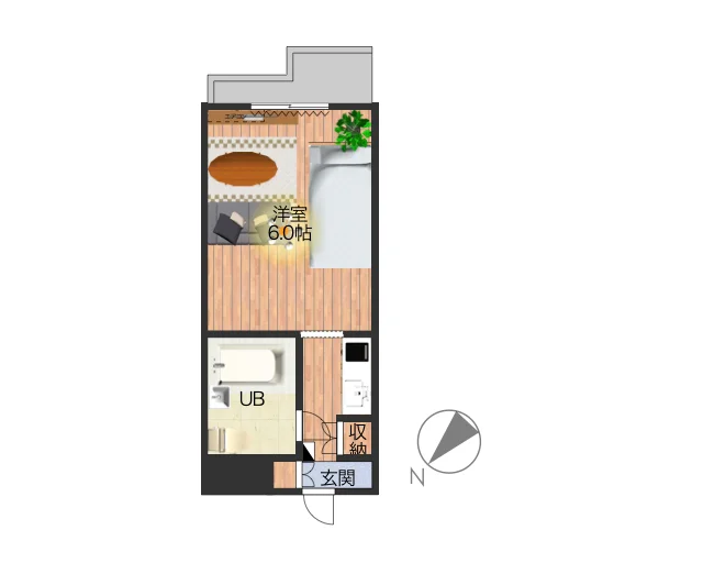 1Rのシンプルな間取りですが、家具家電完備でさらに備品も充実しておりますのでご満足いただけるお部屋となっております。