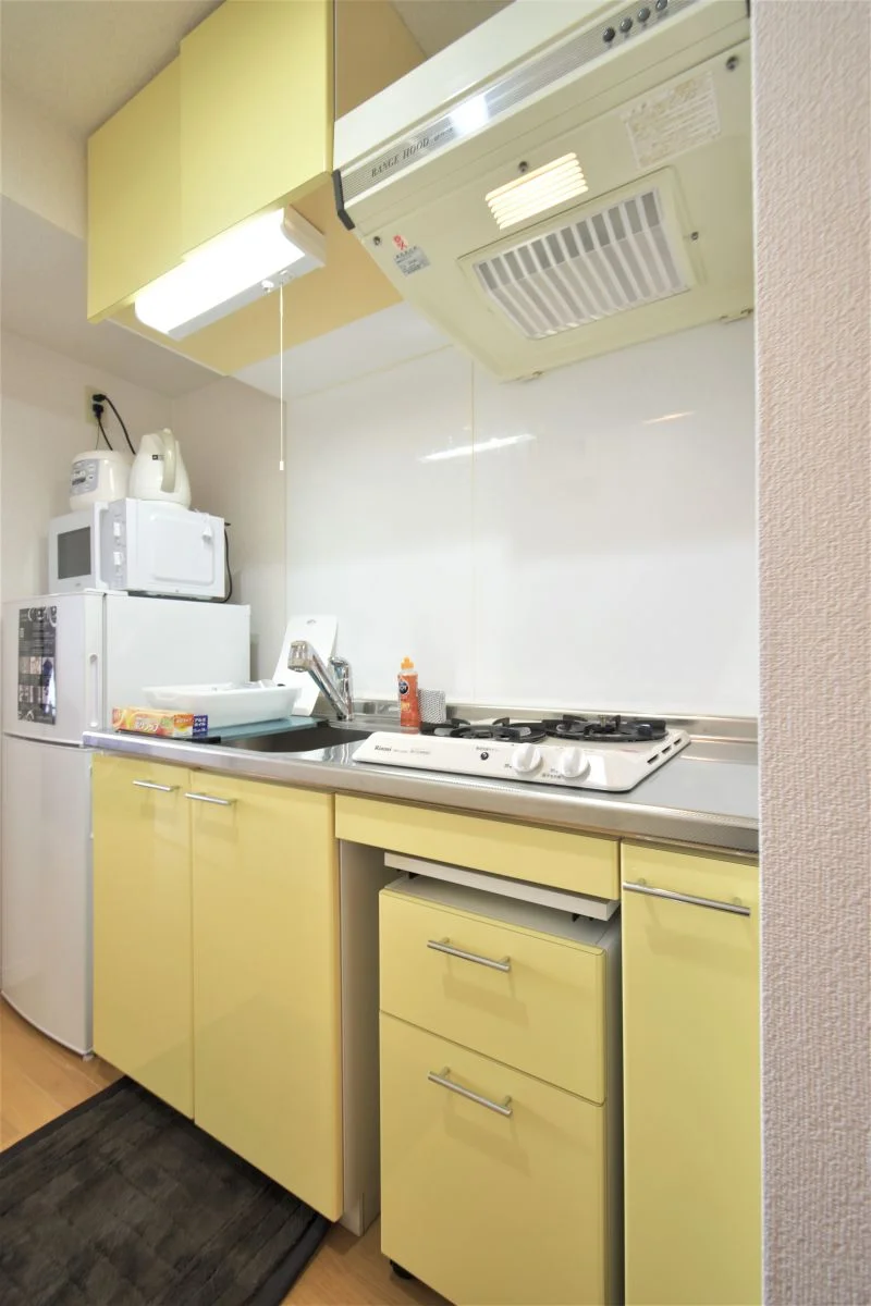 システムキッチンの2口ガスコンロ付きです！お料理される方に有難い機能です！　引き出しも変わっていますが、なかなか使いやすいです♪冷蔵庫・電子レンジ・電気ケトル・炊飯器などの家電類と調理器具や箸・フォークに至るまであらゆる備品がご用意されております！